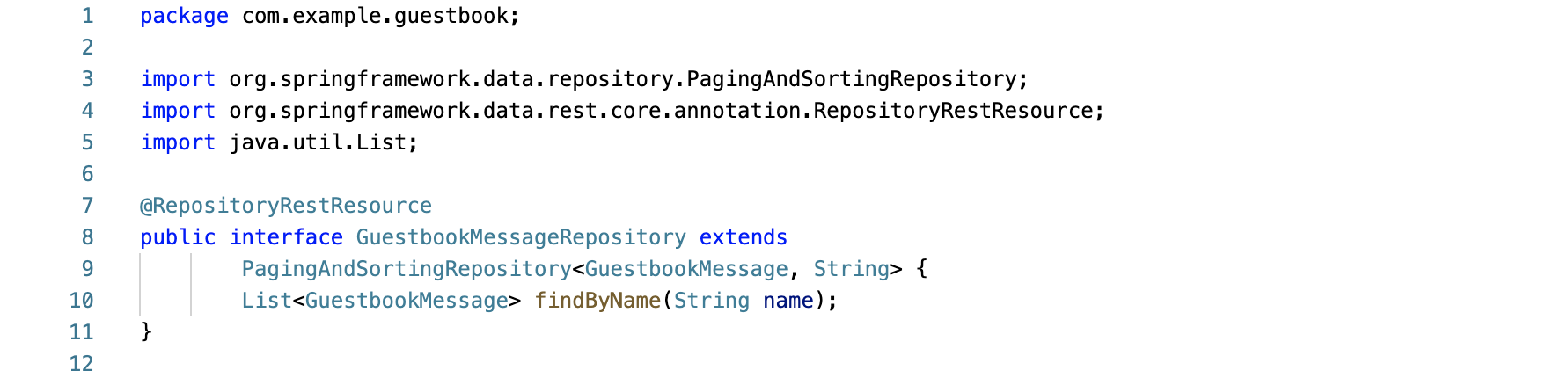 The lines of code for the GuestbookMessageRepository.java file