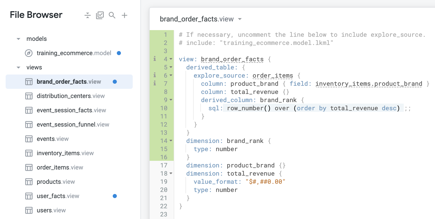 File browser page showing brand_order_facts.view code