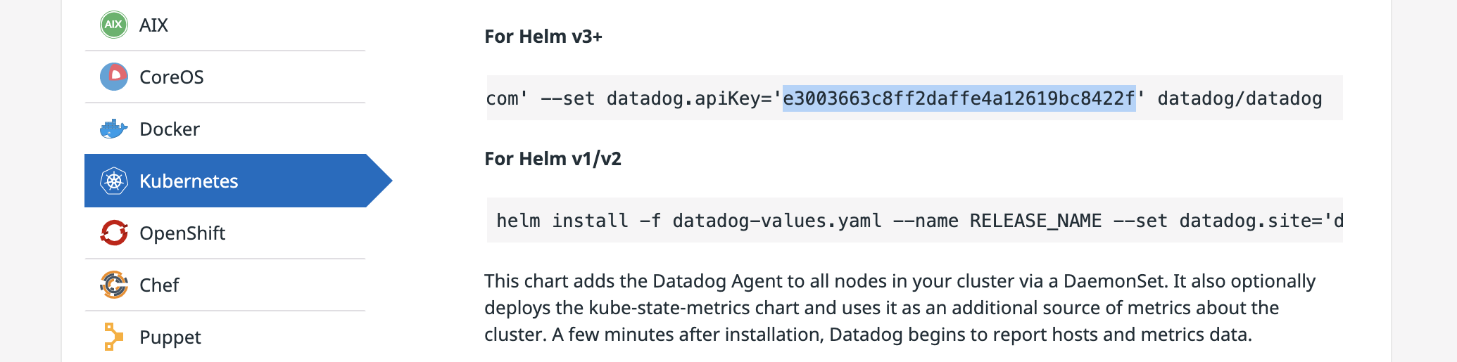 The Datadog API Key highlighted on the Kubernetes page