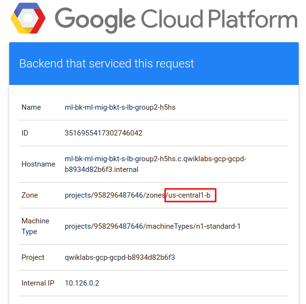 Webpage showing Google Cloud logo and instance details from the group in us-central1