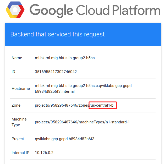 projects/958296487646/zones/us-central1-b というゾーン名の「us-central1-b」の部分がハイライト表示されている。