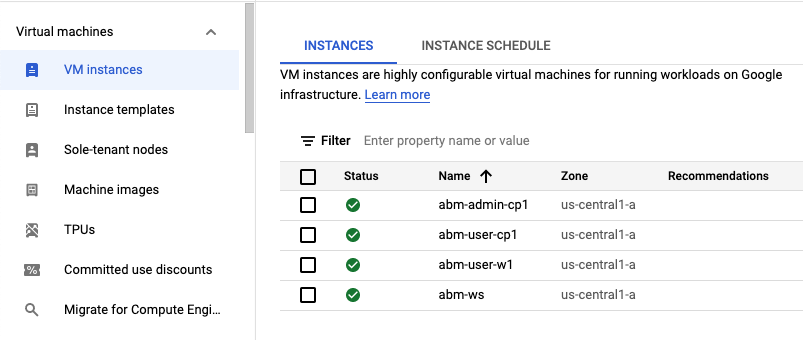 VM instances page with four VMs listed.