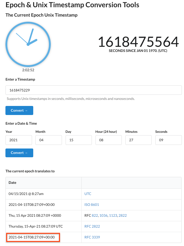 The Epoch and Unix Timestamp Conversion Tools page, with the date and timestamp highlighted.