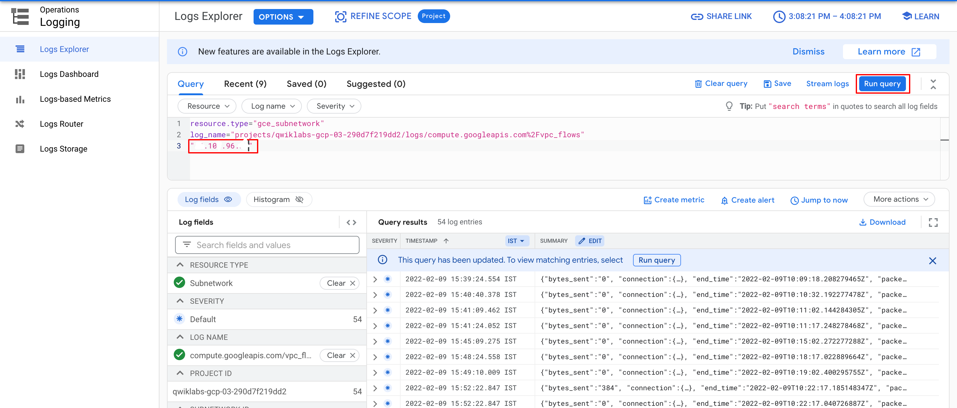 The highlighted Run query button within the Logs Explorer page.