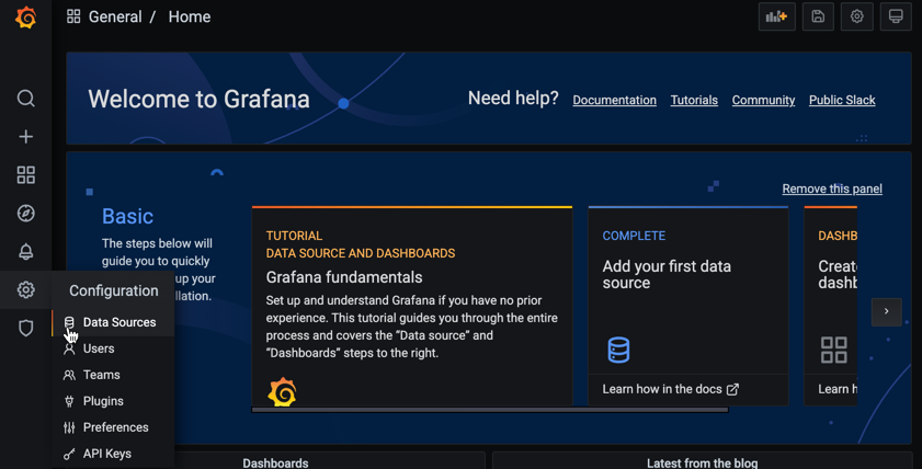 Grafana welcome page displaying the selected Data Sources option in the Configuration menu