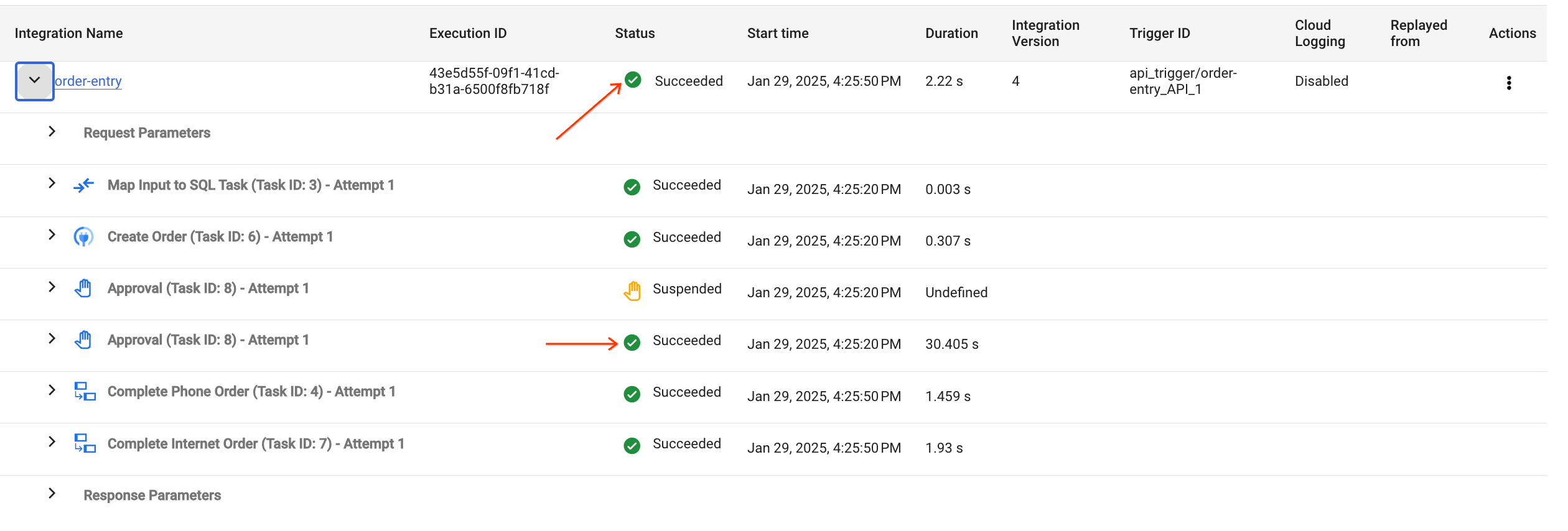 approval logs with Success status
