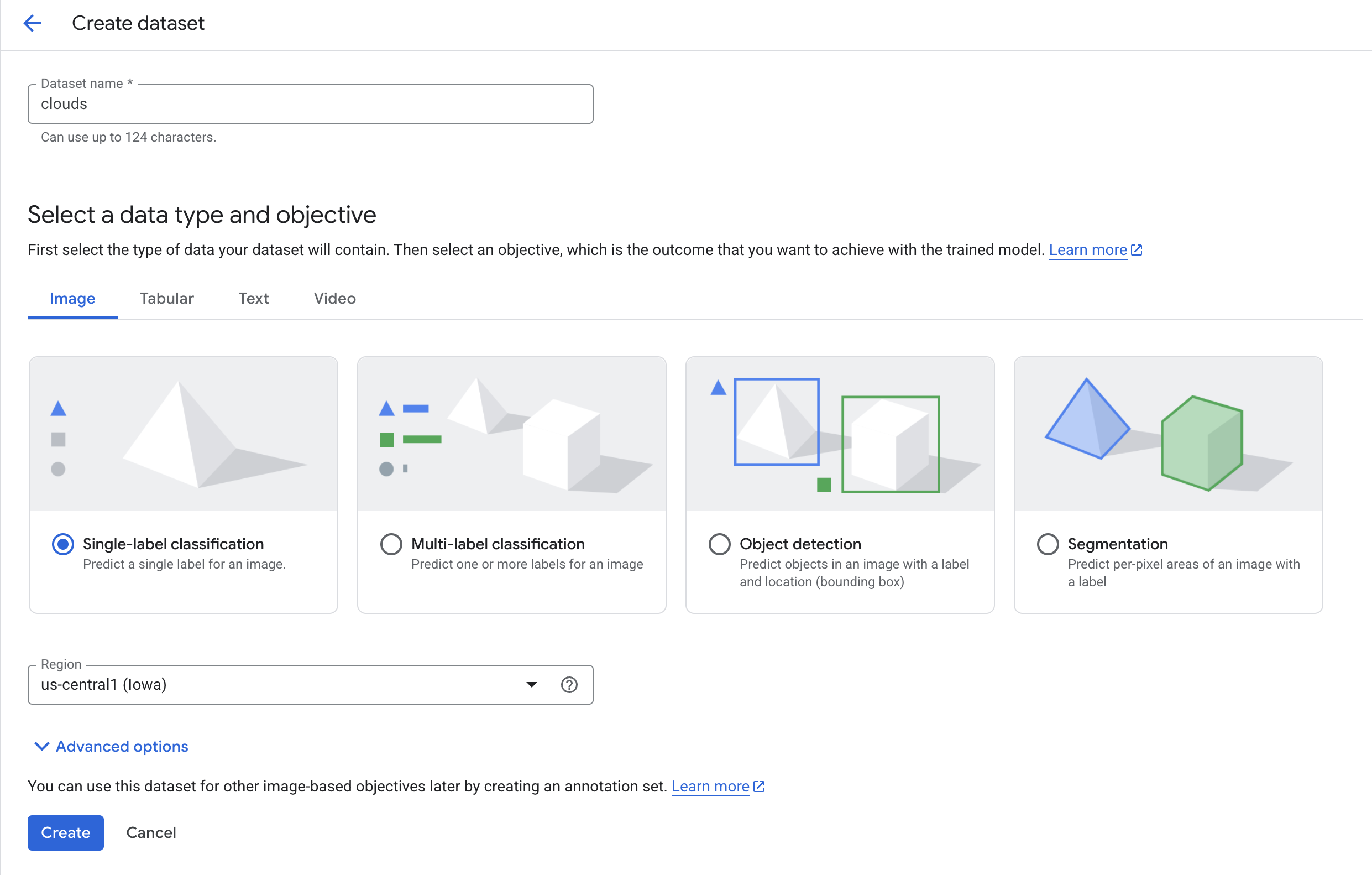 Create new dataset page