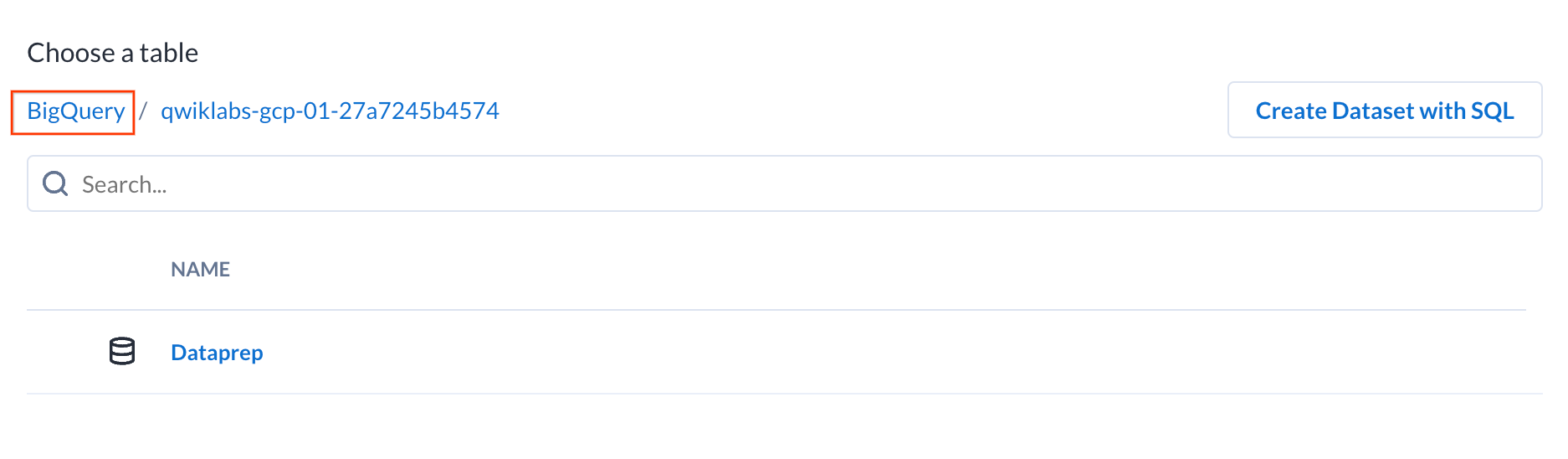 Choose a table screen with BigQuery breadcrumb highlighted