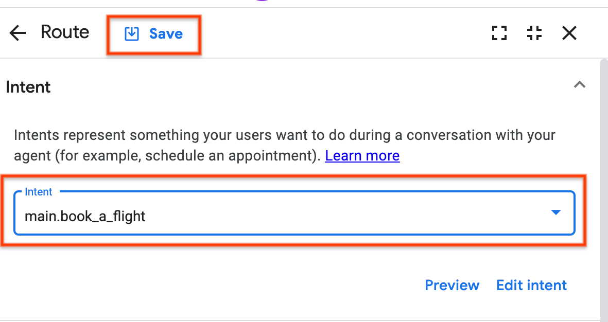 Route window with main.book_a_flight intent selected and Save button highlighted