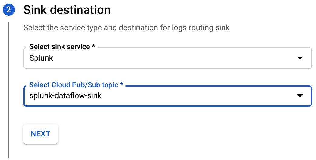 Sink destination page displaying the populated Select sink service and Select Cloud Pub/Sub topic fields.