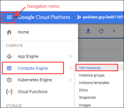 ナビゲーション メニューが開かれていて、Compute Engine のサブメニューと VM インスタンスのオプションがハイライト表示されている