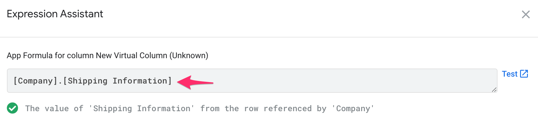 The Expression Assistant page with [Company].[Shipping Information] as the app formula.