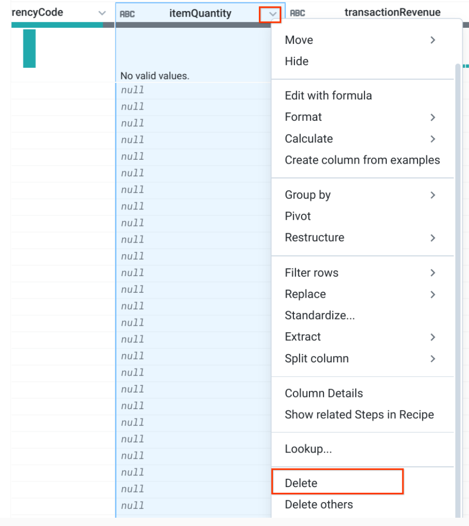 Delete option for the itemQuantity column