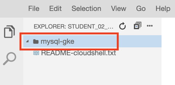 The mysql-gke folder highlighted in the Explorer