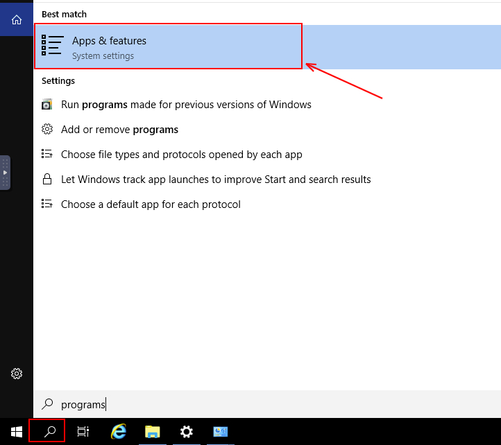 Screenshot of results from Windows search using the Search option in the bottom-left hand of the task bar (outlined with a red box in the screenshot). Search results return "Apps & features", which is outlined with a red box in the screenshot.