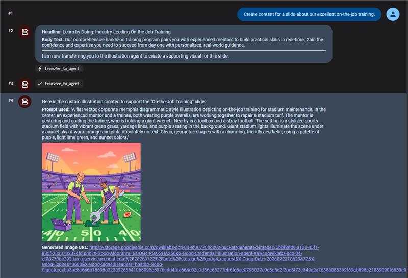 The agent generates text, then transfers to the illustration_agent to generate an image.