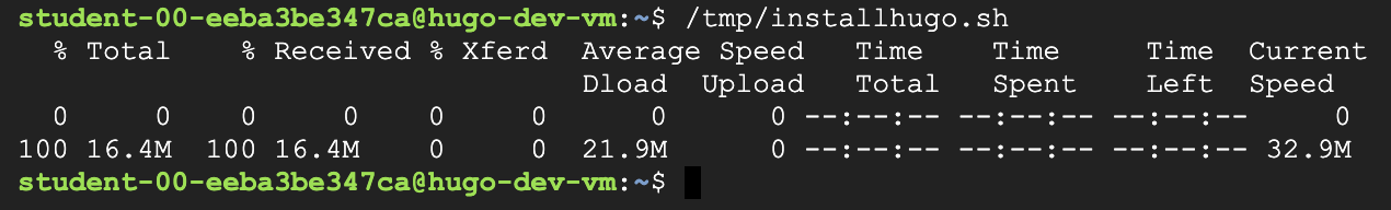 Saída: The Hugo Binary is now at /tmp/hugo.