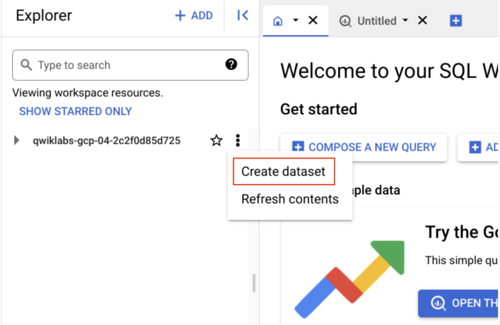 Option „Dataset erstellen“ im Drop-down-Menü des Projekts hervorgehoben.