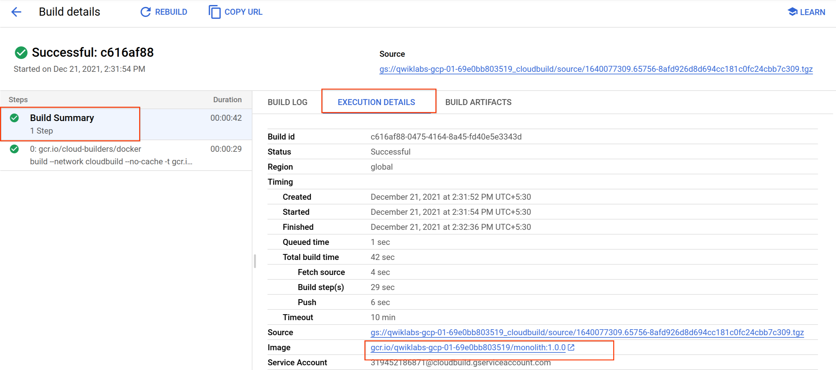 Execution Details tabbed page with the image name highlighted