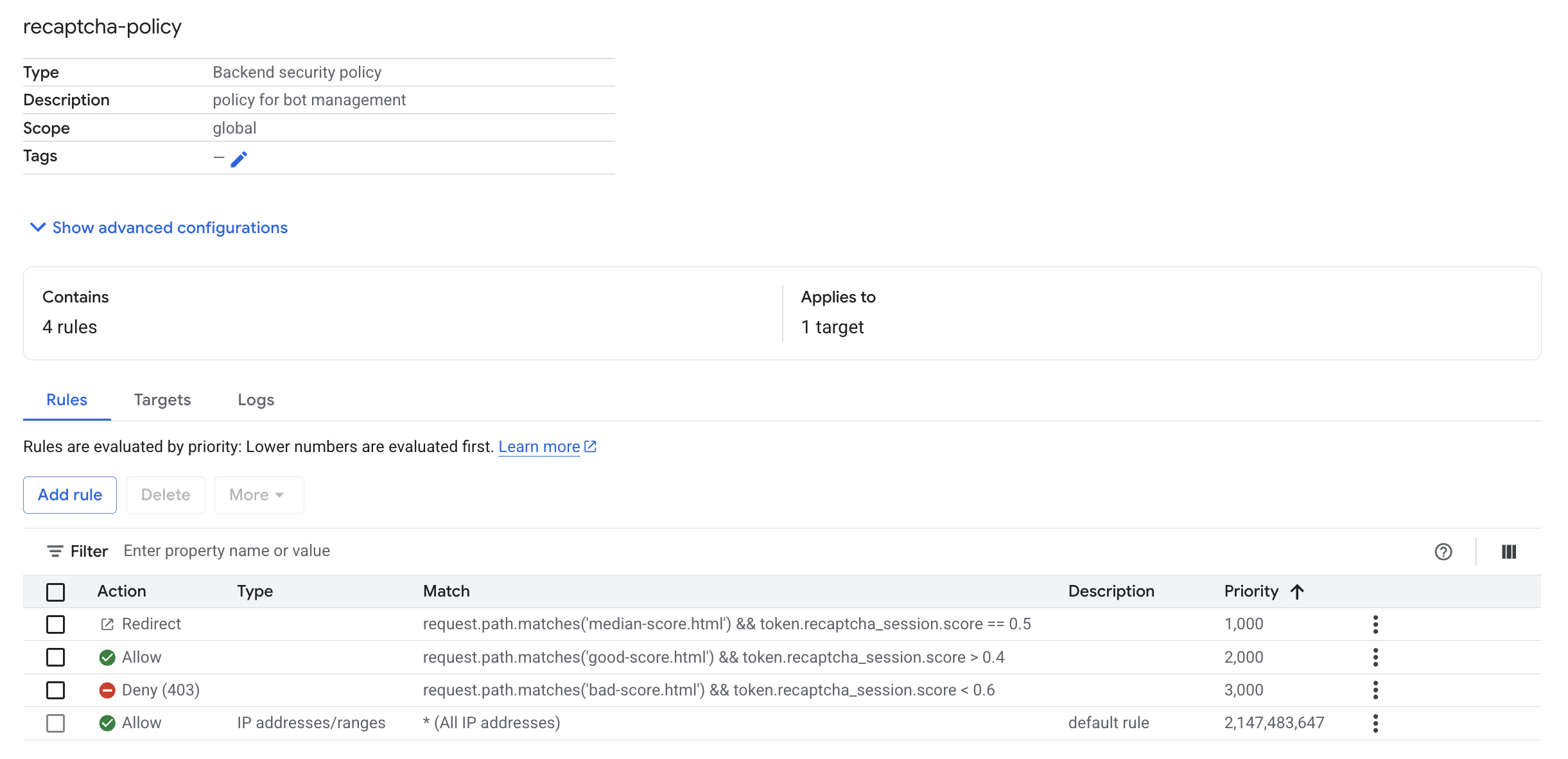 Rules tabbed page, which lists several actions and their priority