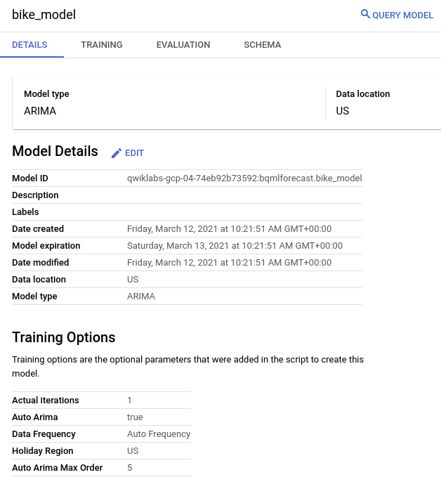 bike_model Details tabbed page displaying Model Details and Training Options sections