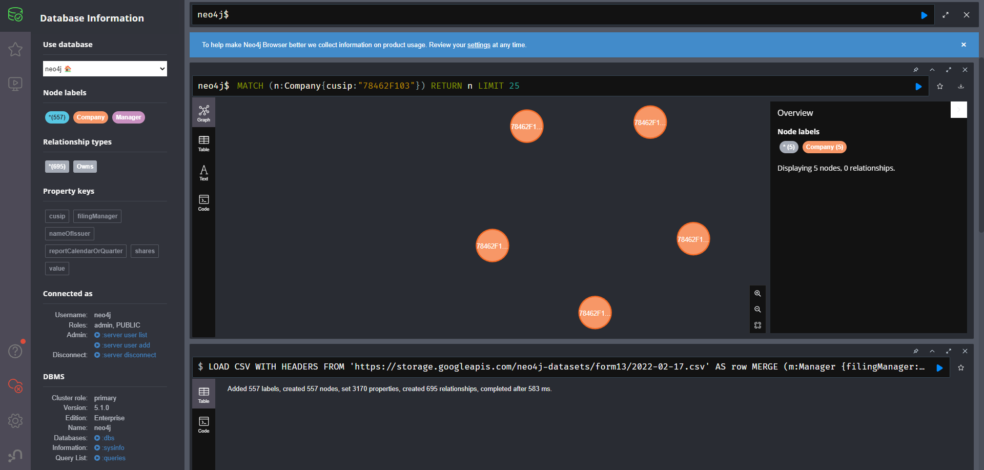 The Node properties pane, which lists information companies