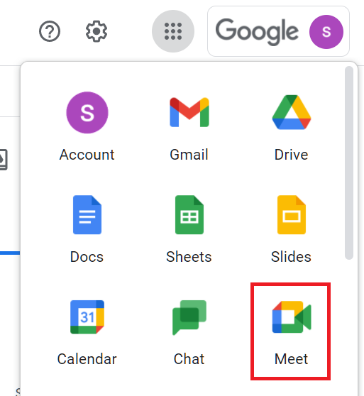 The highlighted Google Meet icon