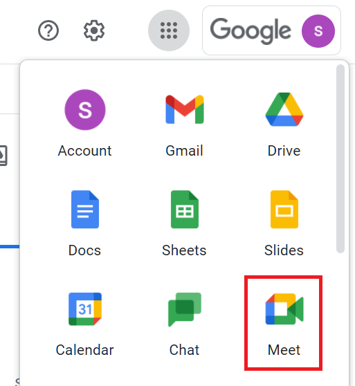 強調表示されている Google Meet のアイコン