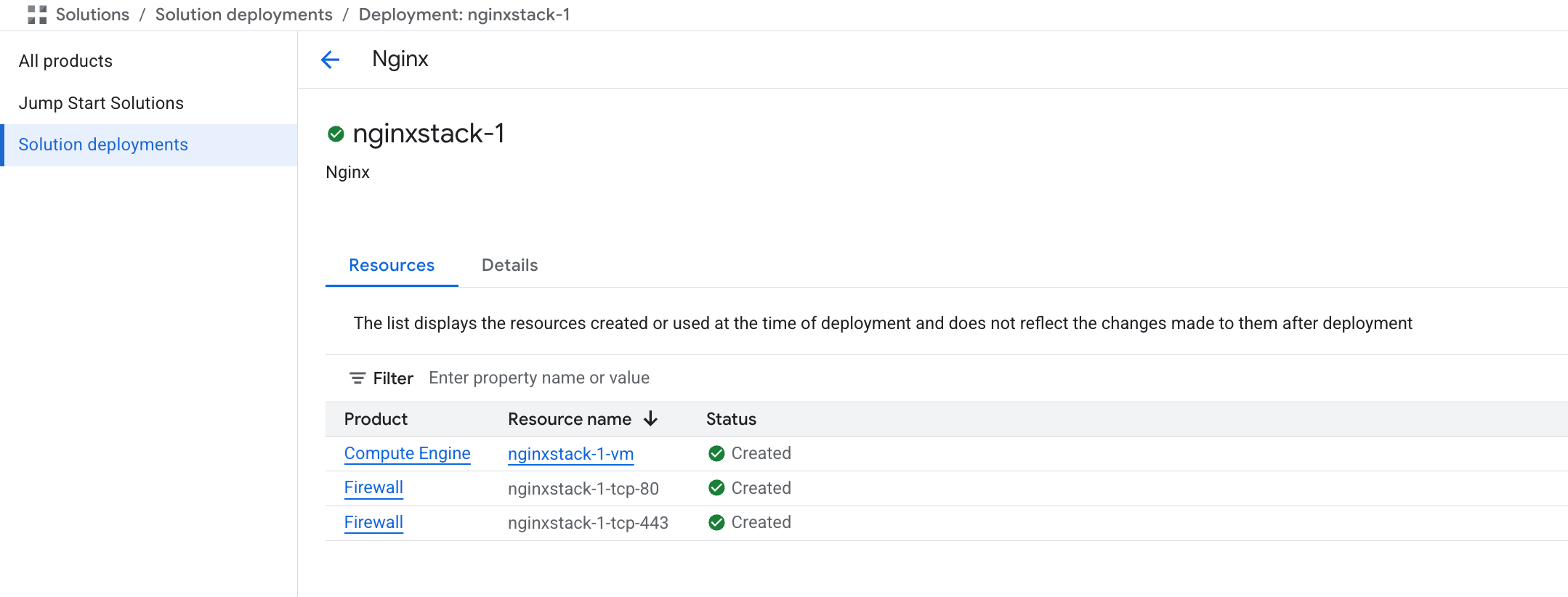 The nginxstack-1 deployment, with the 'nginxstack-1 is being deployed' message along with its overview and sub-folders.