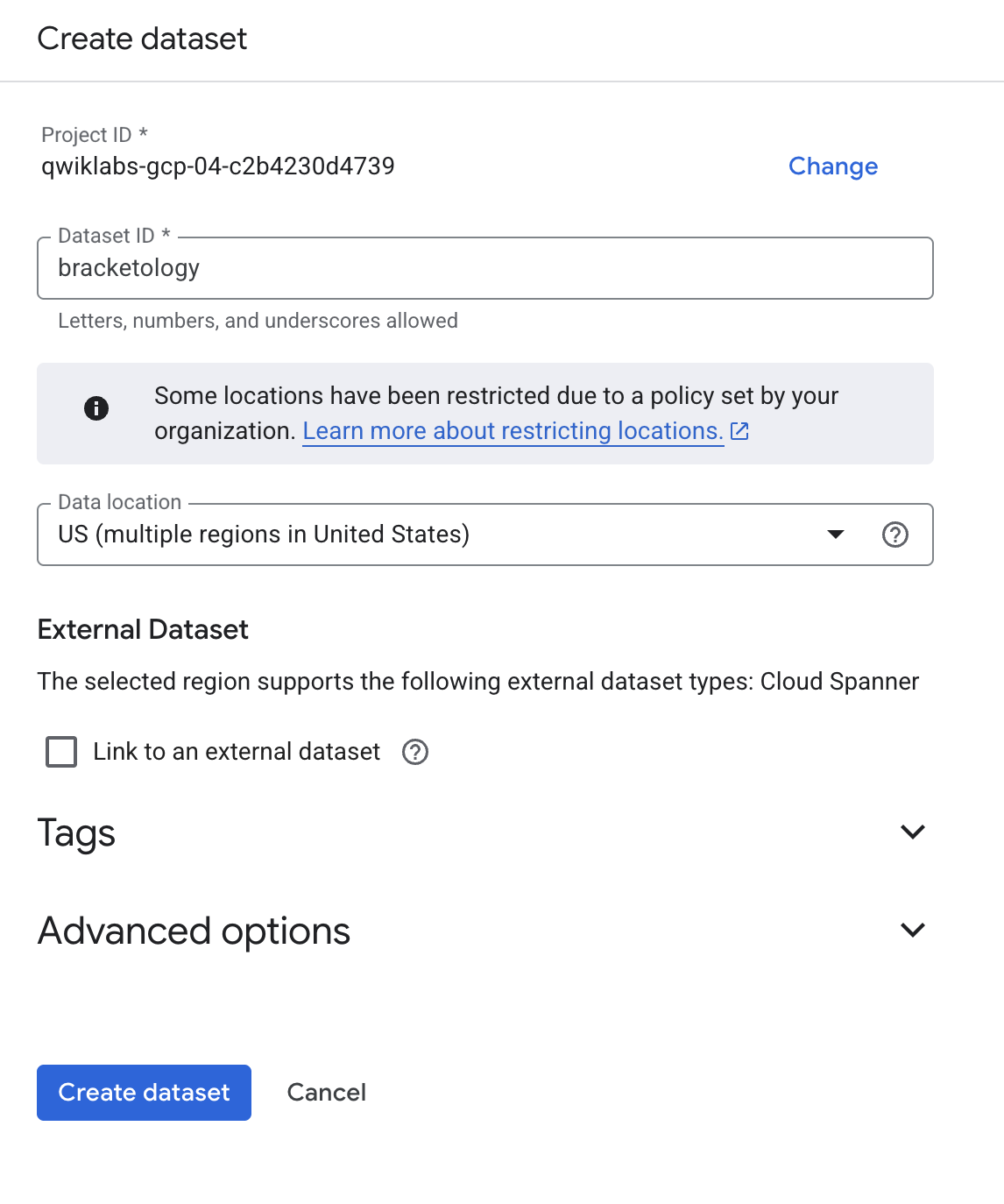 Create dataset dialog box