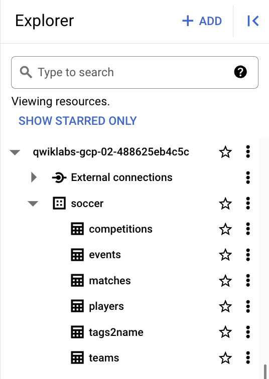 Explorer page with expanded soccer dataset highlighted, and displaying nested tables