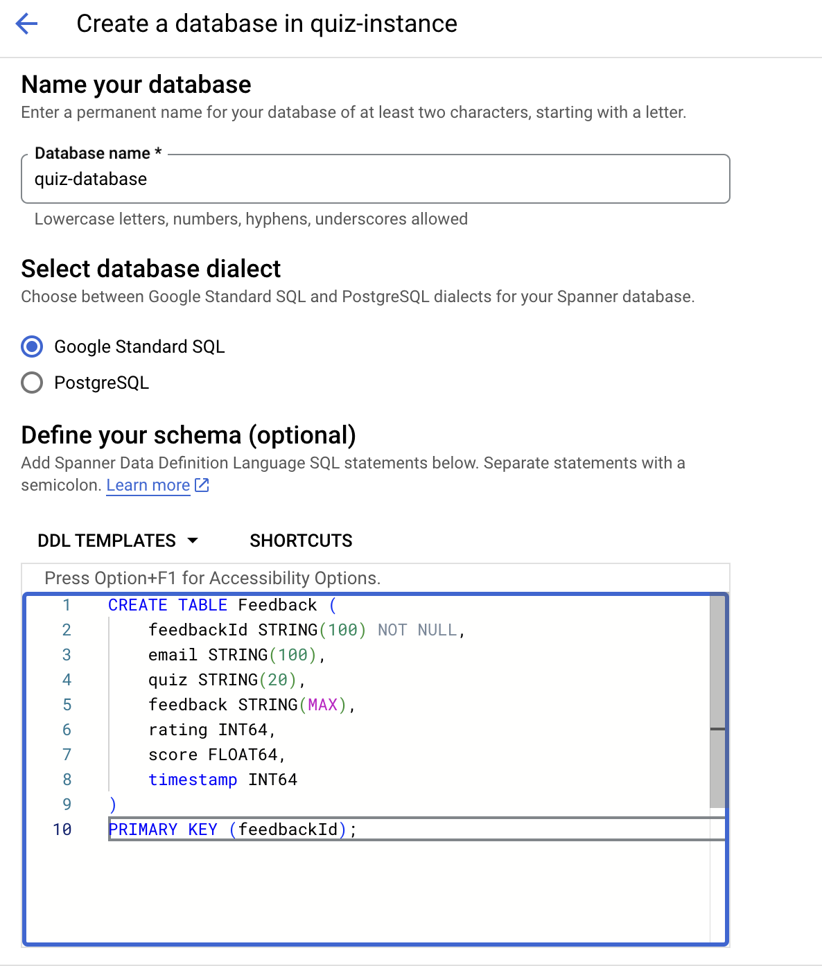 The populated Create a database on quiz-instance page.