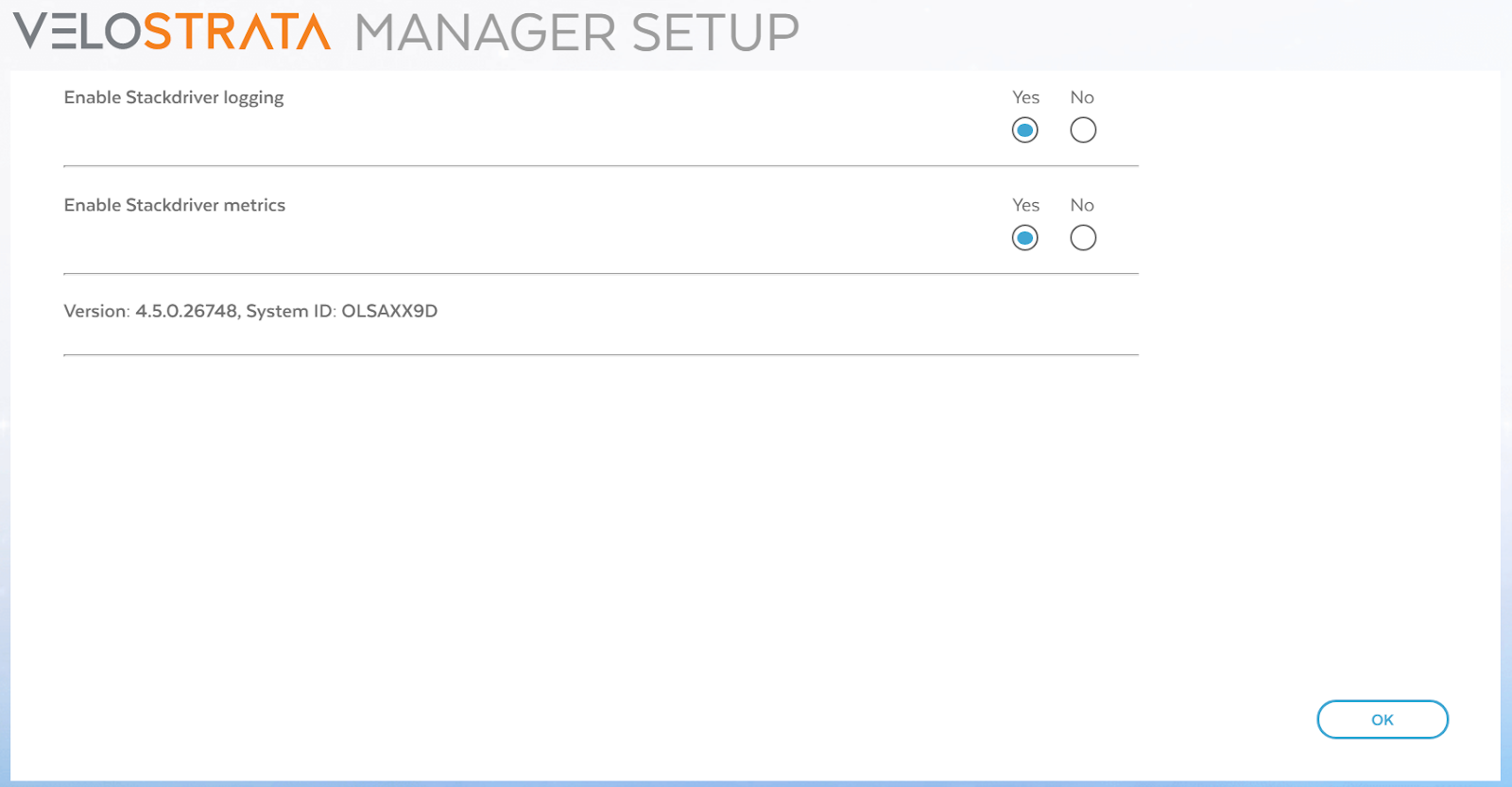 The Velostrata Manager Setup dialog box with the Enable Stackdriver logging and Enable Stackdriver metrics options enabled.