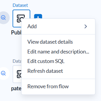 Expanded Publications_Pre2013 Dataset dropdown menu with Edit Custom SQL option highlighted