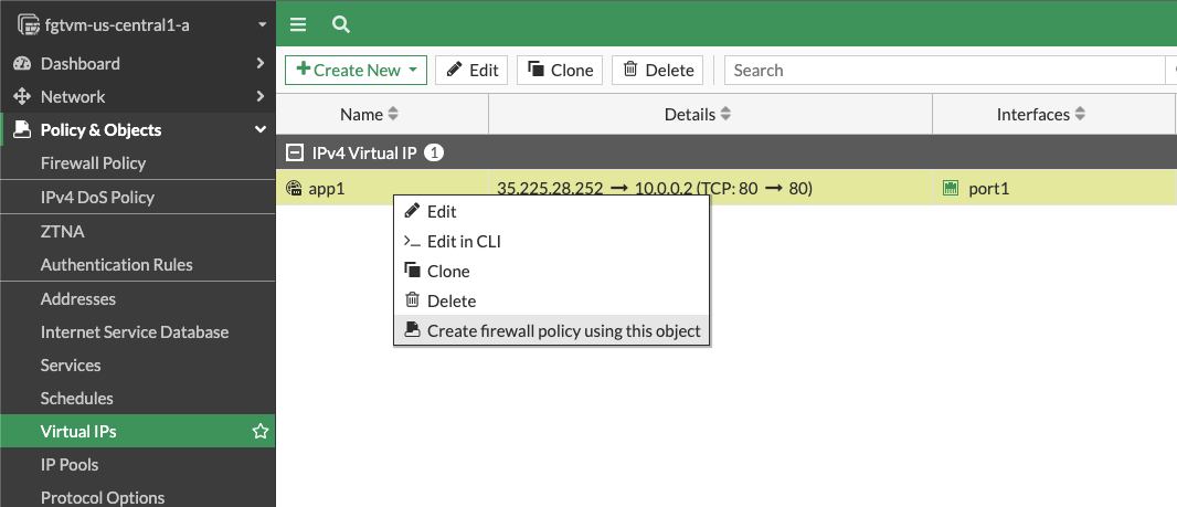 FortiGate - create firewall policy from VIP