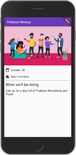 The Firebase Meetup page displaying the date, location, and description of what everyone will be doing