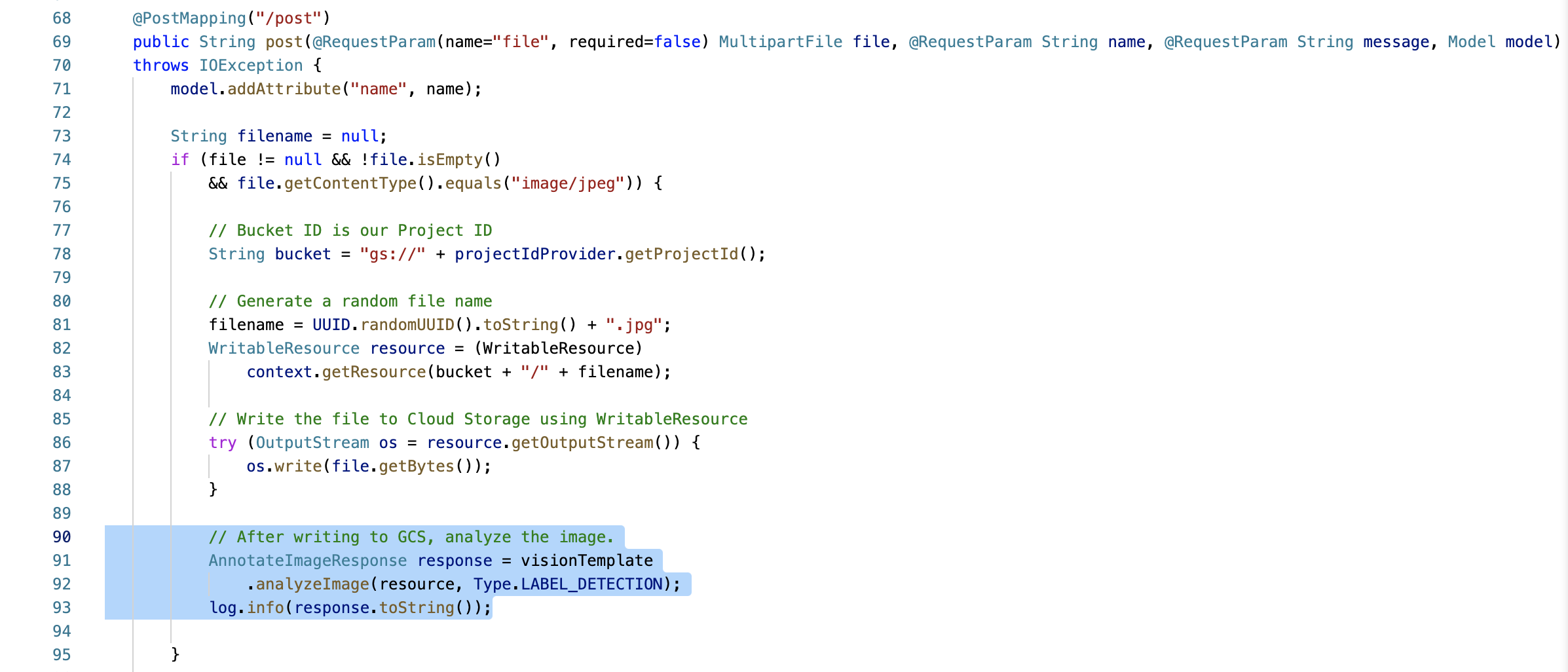 The four highlighted lines of code associated with the post method definition
