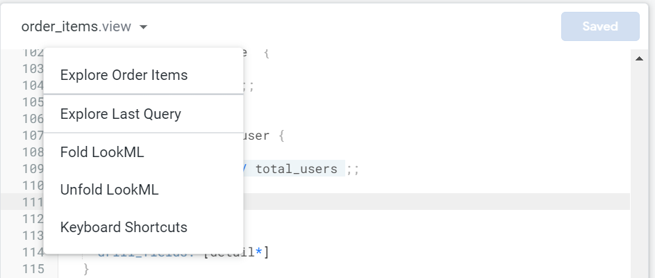 O menu expandido do order_items_view, que inclui várias opções, como: &quot;Analisar itens do pedido&quot; e &quot;Analisar última consulta&quot;.