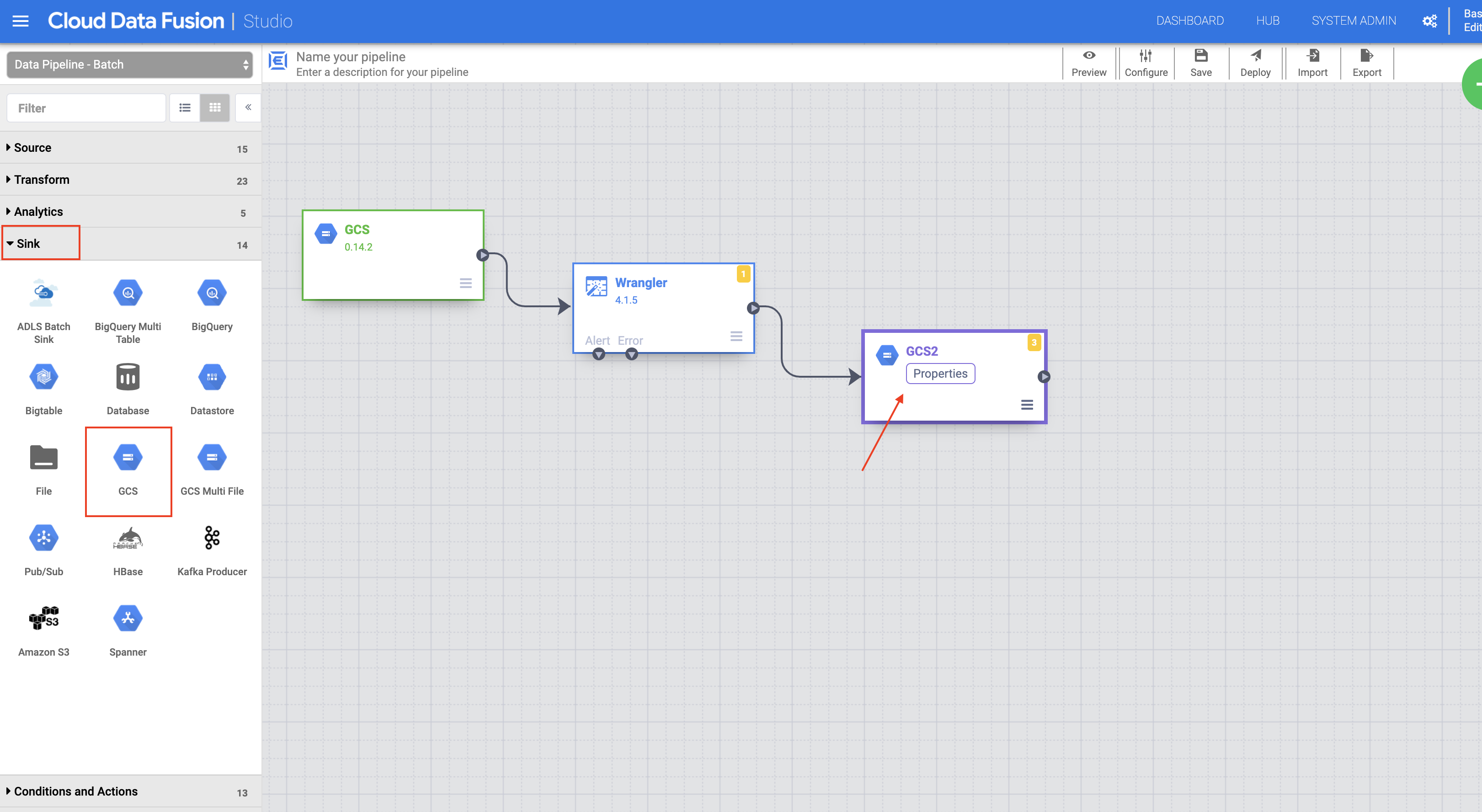 Pipeline Studio canvas Wrangler and Cloud Storage nodes connected