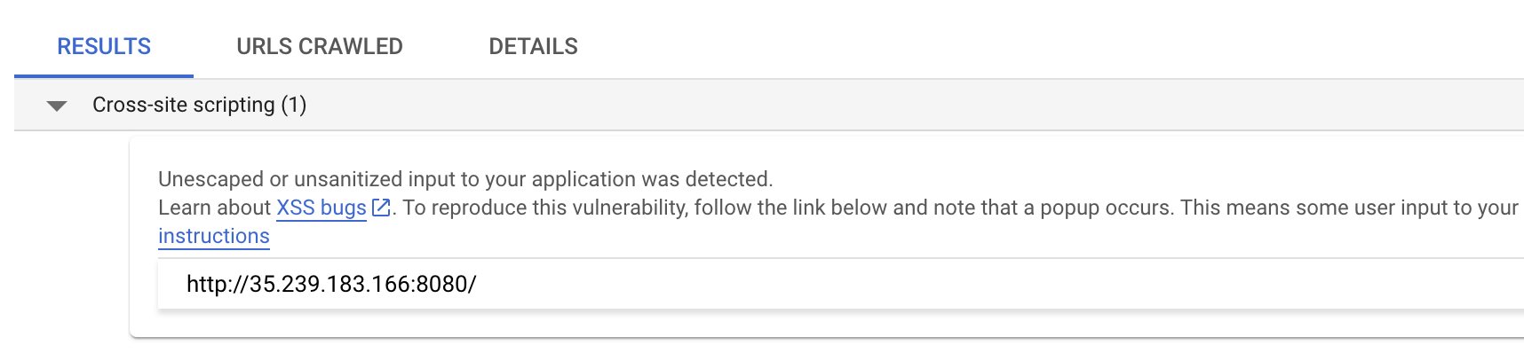 Web Security Scanner results with vulnerabilities