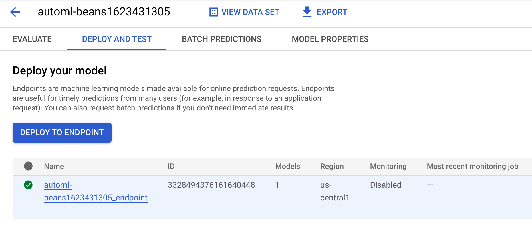 Deploy and Test tabbed page displaying the model endpoint