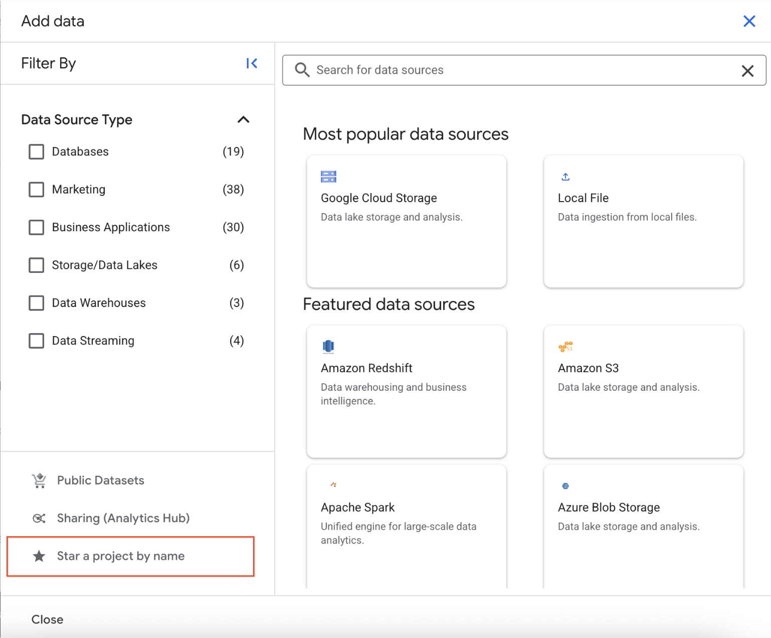 Expanded Add data menu with expanded Pin a project option highlighted and Enter project name submenu option highlighted