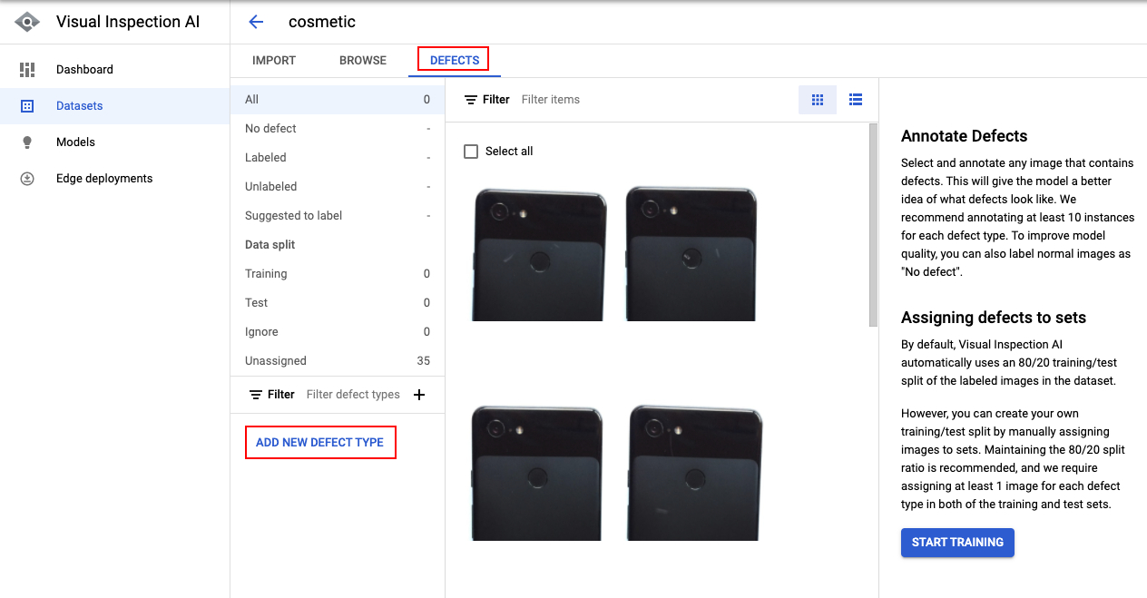 The Defects tabbed page on the cosmetic page displaying the highlighted Add new defect type button