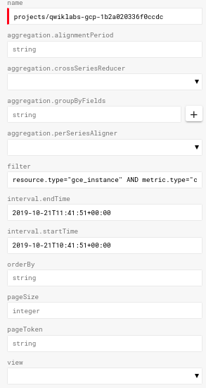 projects.timeSeries.list メソッドでインスタンスを作成するリソース プロパティが記入されたリクエスト フォーム