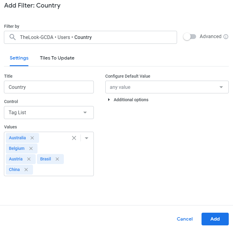 Caixa de diálogo &quot;Adicionar filtro: Country&quot; com cinco países selecionados