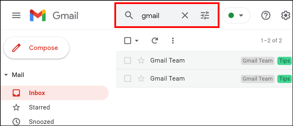 The Searchbox displaying 'gmail' and emails from the Gmail Team are listed below