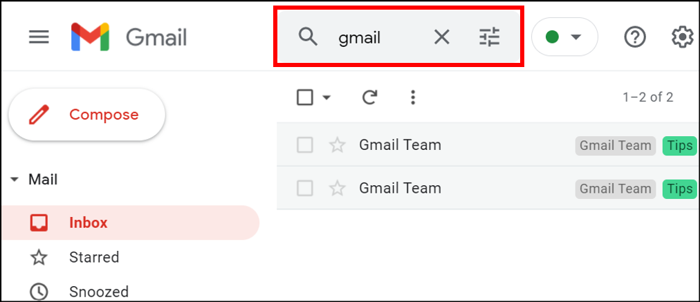 A caixa de pesquisa que exibe &quot;gmail&quot; e e-mails da equipe do Gmail está listada abaixo