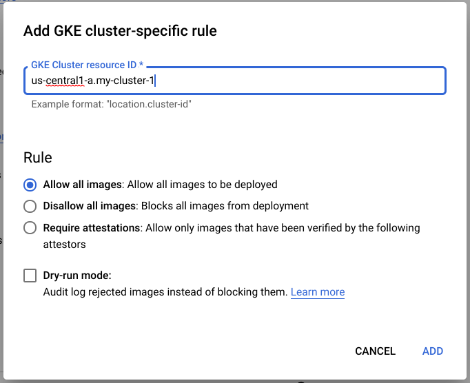 Caixa de diálogo &quot;Adicionar regra específica do cluster do GKE&quot;