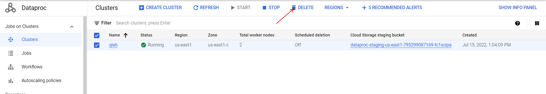 The Clusters page with the delete button highlighted