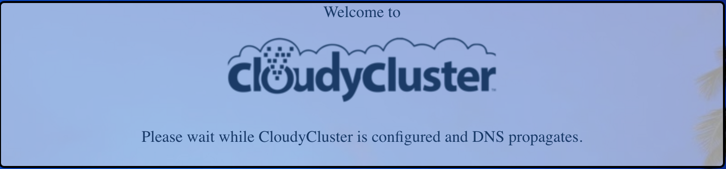 Welcome to CloudyCluster. Please wait while CloudyCluster is configured and DNS propagates